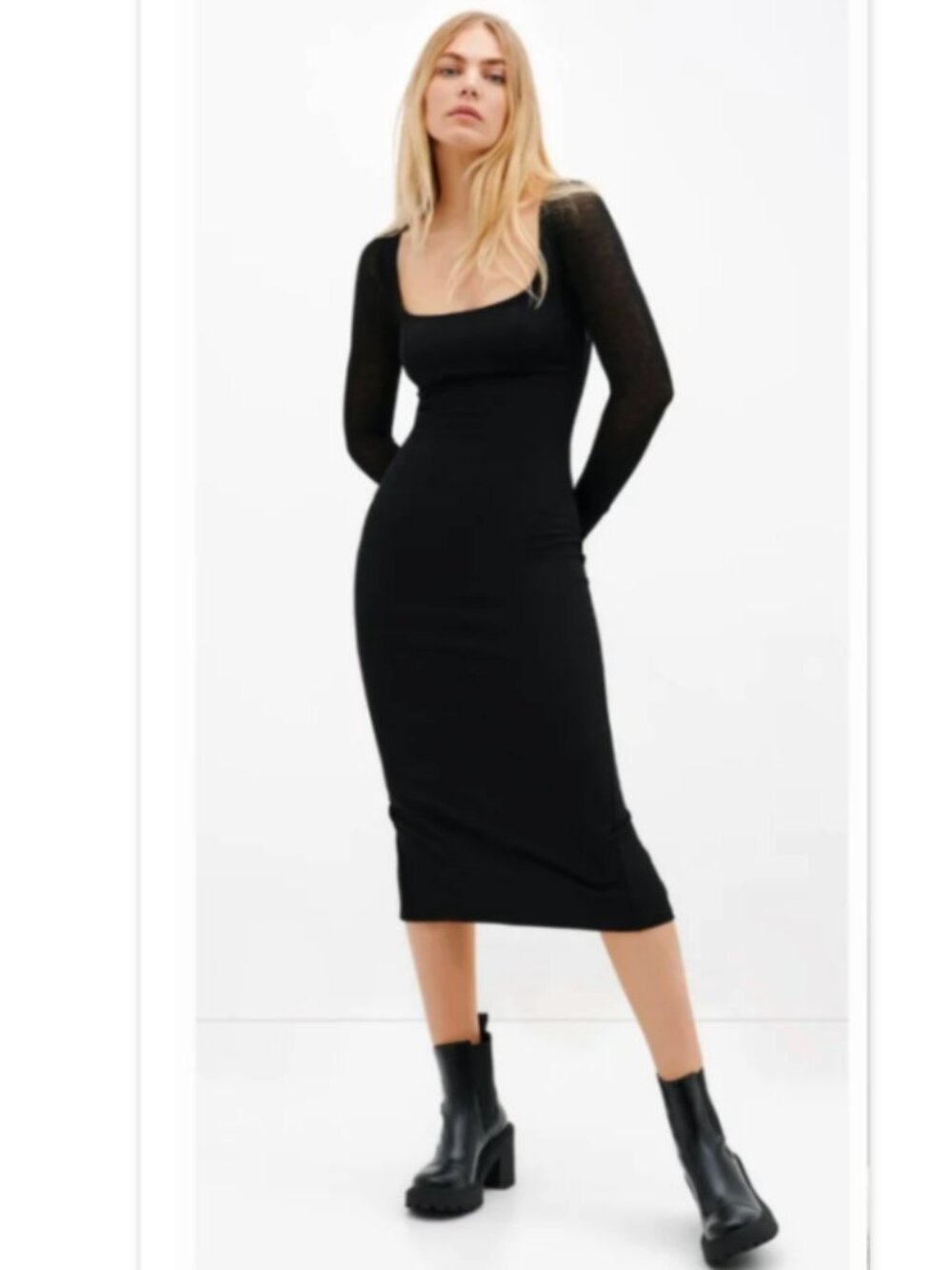 Marcella NYC Cecilia Dress L Black Long Sleeve Square Neck Minimalist Goth LBD
